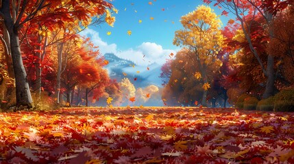 A digital artwork of a forest in full autumn bloom, with golden and red leaves covering the ground, vibrant colors, clear blue sky, detailed and lively, capturing the joyful essence of fall,