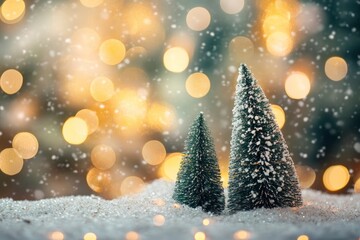 Artificial snow, artificial Christmas trees against a background of blurry lights. Christmas gifts concept. Christmas background. Selective focus with generative ai