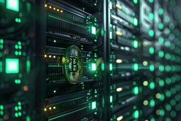 Naklejka premium Close-up of bitcoin mining hardware in a futuristic server room. Conceptual digital style for blockchain technology and cryptocurrency. Designed for tech and finance content. Generative AI