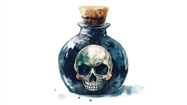 A watercolor depiction of a potion bottle with a skull label, dark and mystical, isolated on white background