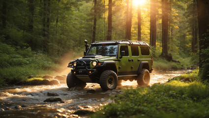 A green jeep drives through a shallow stream in a forest, with the sun shining through the trees.

