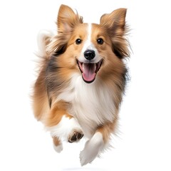 Fototapeta premium Happy Shetland Sheepdog Running Joyfully on a white background.