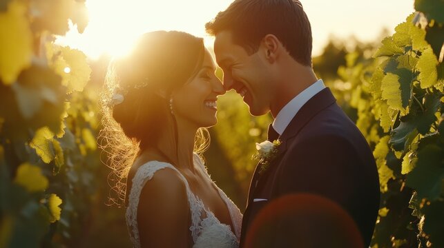 A joyful couple finally married in a vineyard after years of love since university