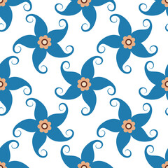seamless pattern with abstract double flowers in blue and beige on white background