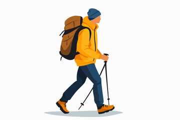Flat illustration of a traveler hiker wearing a yellow jacket, equipped with a backpack and walking poles, hiking outdoors and isolated against a white background.