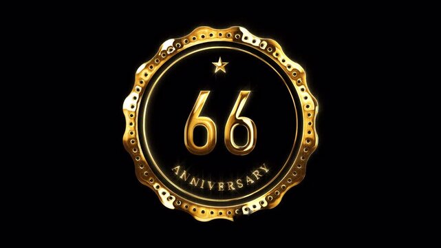 66th Anniversary Celebration. Happy 66 Years Anniversary Animation in Gold Color on the Transparent Background, Alpha Channel. Great for greetings, celebrations, events, and gifts.