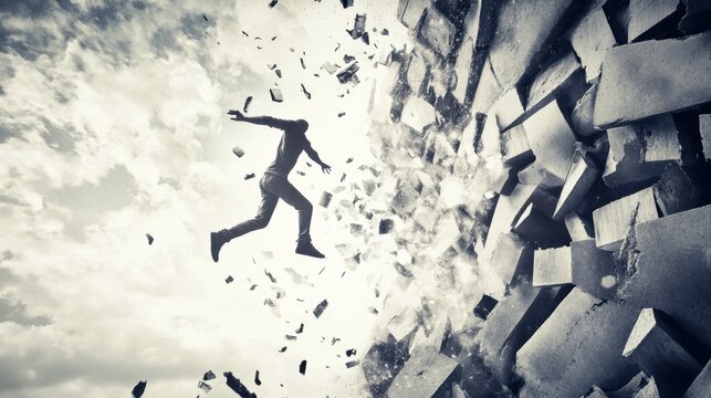 A dynamic scene of a person breaking through barriers to reach their goals