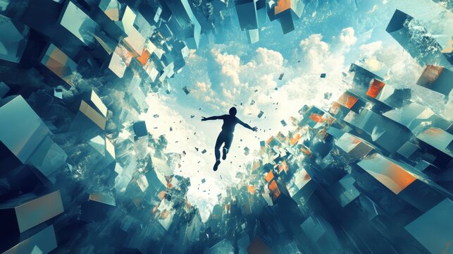 A dynamic scene of a person breaking through barriers to reach their goals