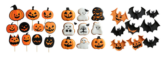 Fototapeta premium Assorted Halloween-Themed Cookies and Decorations on White Background