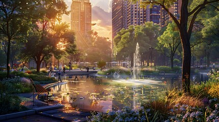 Naklejka premium A digital artwork of a green park within a bustling city, with people enjoying nature, a water fountain, and skyscrapers surrounding the area, sunset with vibrant colors, detailed and serene,