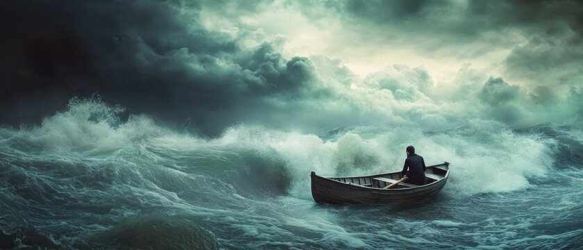 A determined person pushing through a stormy sea in a small boat finally reaching a calm and beautiful shore showing hard-earned success