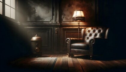 Elegant living room with a black leather armchair and a floor lamp