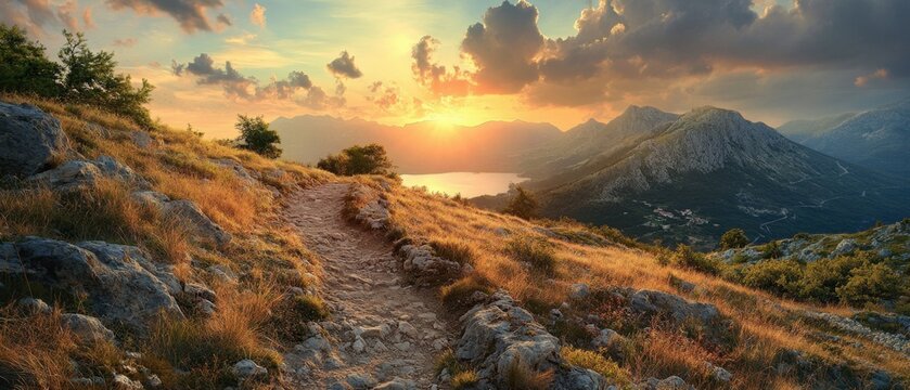 A rugged path with obstacles that lead to a radiant sunrise representing the challenge of achieving a goal but the fulfillment in the end