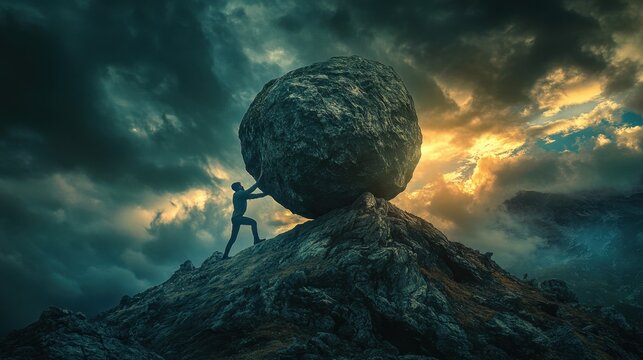 A person lifting a heavy boulder up a hill under dark skies finally reaching the top as light breaks through highlighting the effort was worth it
