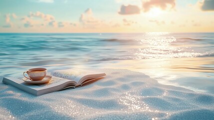 Obraz premium A book and coffee cup on sandy beach by the ocean at sunrise