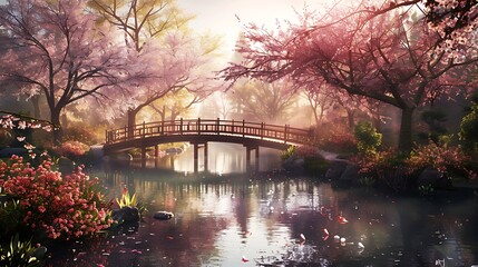 Fototapeta premium A digital artwork of a Japanese garden in spring, cherry blossoms in full bloom, a serene pond with a wooden bridge, early morning with soft light, detailed and peaceful,