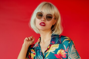 Fototapeta premium A blonde woman wearing a floral shirt and sunglasses. She is posing for a photo. The photo is set against a red background