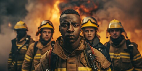 Fototapeta premium A group of firefighters are standing in front of a fire. The man in the middle is wearing a yellow helmet and has a serious expression on his face