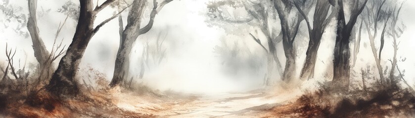 A watercolor painting of a creepy forest path with fog and shadows, spooky and atmospheric, isolated on white background