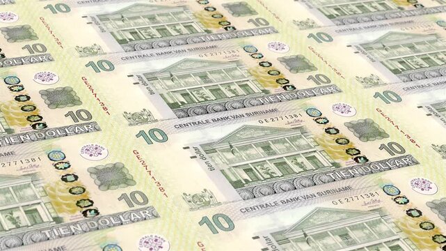 Suriname Surinamese Guilder 10 Banknotes Money Printing House, Printing Ten Surinamese Guilder, Printing Press Machine Print out Surinamese Guilder, Being printed by currency press machine