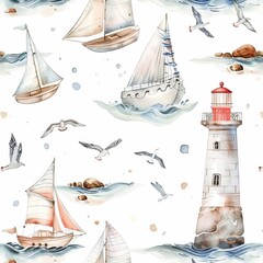 An anchor, lighthouse, seagull, ship, and lighthouse seamless pattern in blues for children's prints and textures