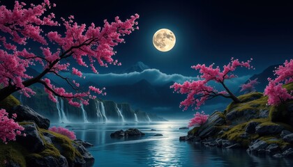 Tranquil Moonlight Landscape with Cherry Blossoms and Waterfall.