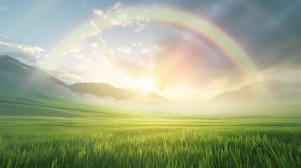 A rainbow is seen in the sky above a green field