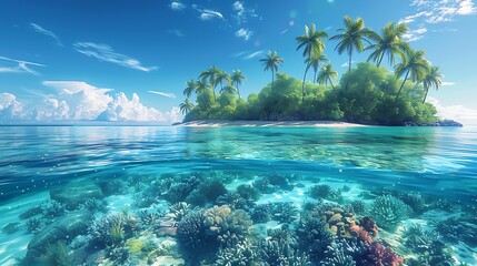 A digital artwork of a lush tropical island with tall palm trees, crystal-clear turquoise water, and vibrant coral reefs below, sunny day with clear blue sky, detailed and vivid,