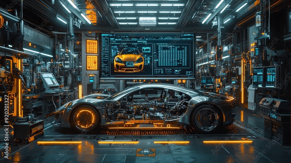 Aufkleber an advanced car assembly area showcases a futuristic vehicle with neon elements and high-tech machin