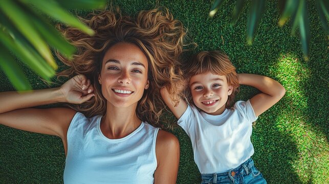A joyful mother and child lie on the grass, surrounded by playful sunlight and lush greenery, sharing a laughter-filled moment