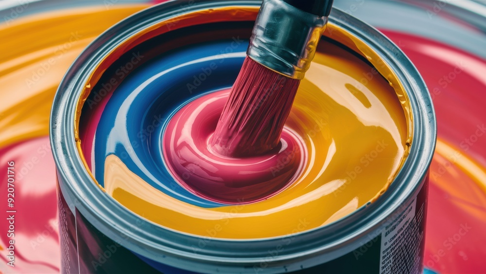 Poster a can of a paint brush is being used to stir up the colors, ai