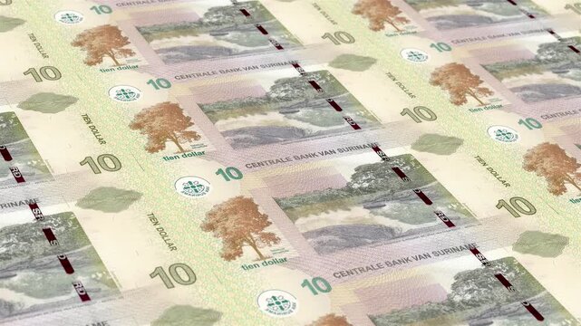 Suriname Surinamese Guilder 10 Banknotes Money Printing House, Printing Ten Surinamese Guilder, Printing Press Machine Print out Surinamese Guilder, Being printed by currency press machine