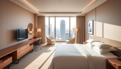 Fototapeta premium Modern Hotel Room with City View.
