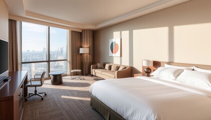 Fototapeta premium Luxury Hotel Room with City View.