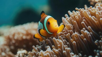 Amphiprion ocellaris clownfish and anemone in sea.