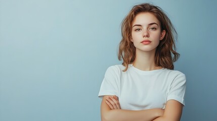 Fototapeta premium Thoughtful Young Woman with Confident Expression Posing for Portrait Session