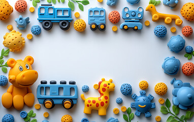 Naklejka premium Kids Toys Frame on White Background: Top View Flat Lay with Copy Space