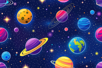 Colorful cosmic illustration featuring various planets in a starry space background