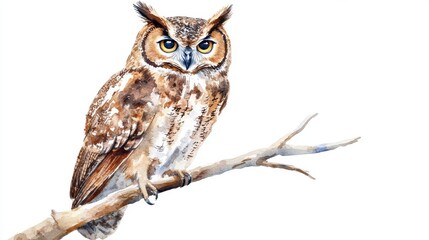 A watercolor illustration of a Halloween owl perched on a branch, wise and mysterious, isolated on white background