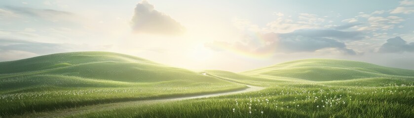 Obraz premium A beautiful, sunlit field with a winding road through it