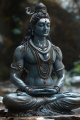 Blue stone statue of hindu god shiva meditating in lotus position