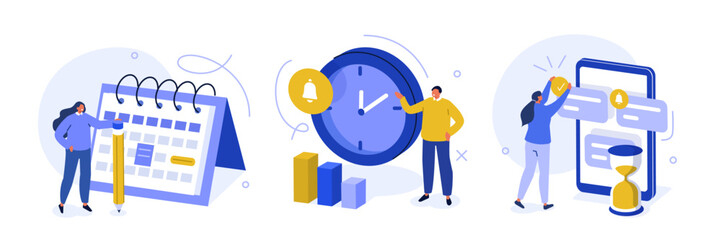 Business set. Characters planning schedule and work time. Task management and productivity concept. Vector illustration.