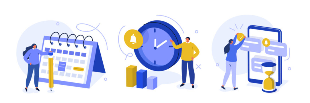 Business set. Characters planning schedule and work time. Task management and productivity concept. Vector illustration.
