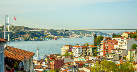 Fototapeta premium panorama of the kuzguncuk town and bosphorus bridge over the bosphorus strait in istanbul