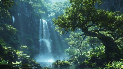 A digital artwork of a mystical forest with towering ancient trees, bioluminescent plants, and a hidden waterfall, midday with bright sunlight, detailed and vibrant,