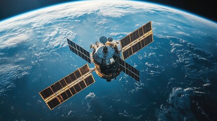 Fototapeta premium Satellite orbiting earth with solar panels deployed for power generation