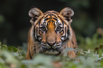 Young sumatran tiger cub hiding in the jungle