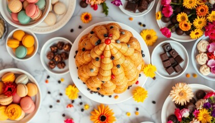 Delicious Treats and Flowers on a Marble Table.