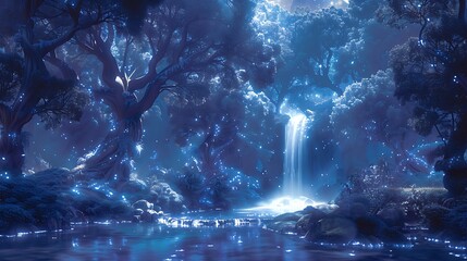 A digital artwork of a mystical forest with towering ancient trees, bioluminescent plants, and a hidden waterfall, moonlight illuminating the scene, ethereal and magical atmosphere,