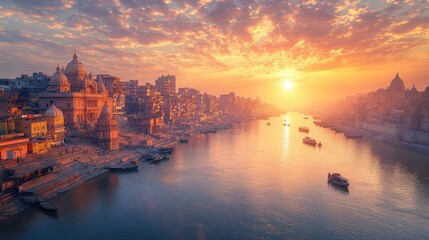 Fototapeta premium The sun is rising over the ganges river in varanasi with temples and boats